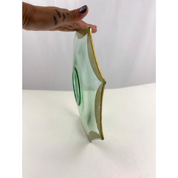 VTG Green Depression Octagon Glass Plate Glassware Floral Gold Trim - Picture 9 of 12
